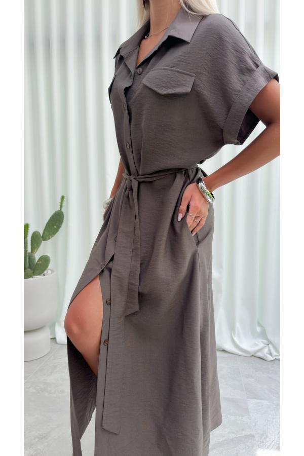 Sukienka Koszulowa Maxi Premium Wiązana w Pasie Elegancka Oversize Guziki Kieszenie - fango